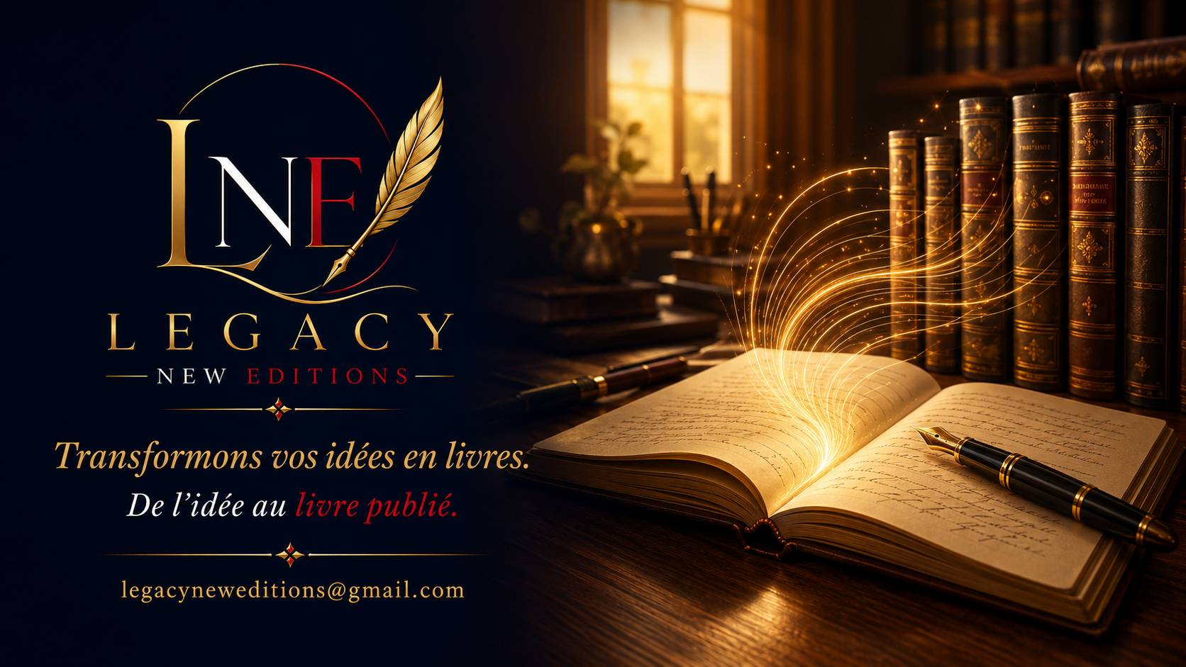 Legacy New Editions, livre ouvert et bibliothèque